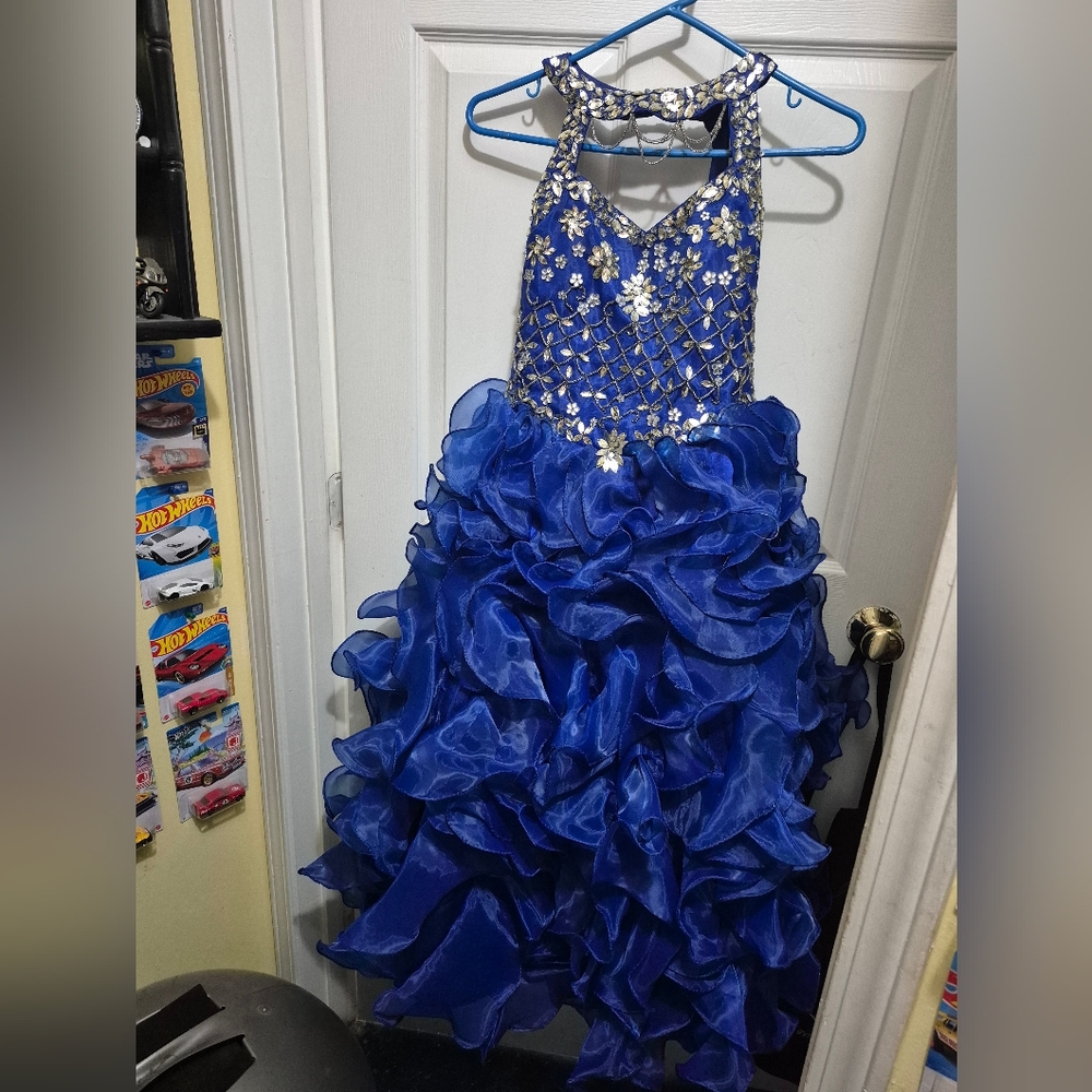 Royal Blue Ruffled Pageant Dress with Beaded Bodice